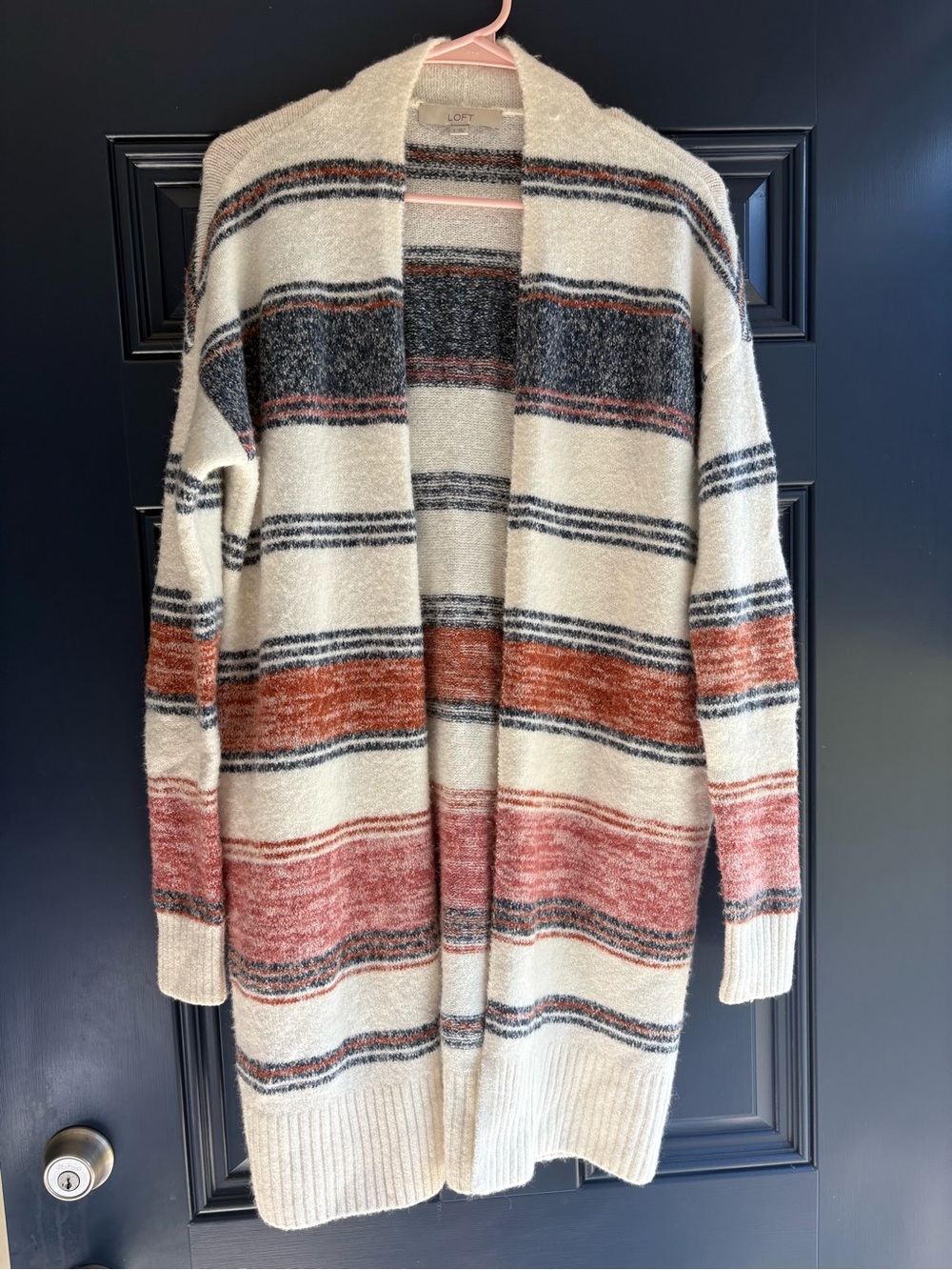 LOFT Cream Striped Open Cardigan with Rust and Charcoal Accents